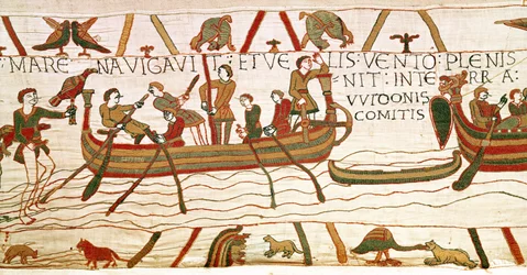 Harold cruza el canal hacia el territorio del Conde Guy de Ponthieu, Tapiz de Bayeux